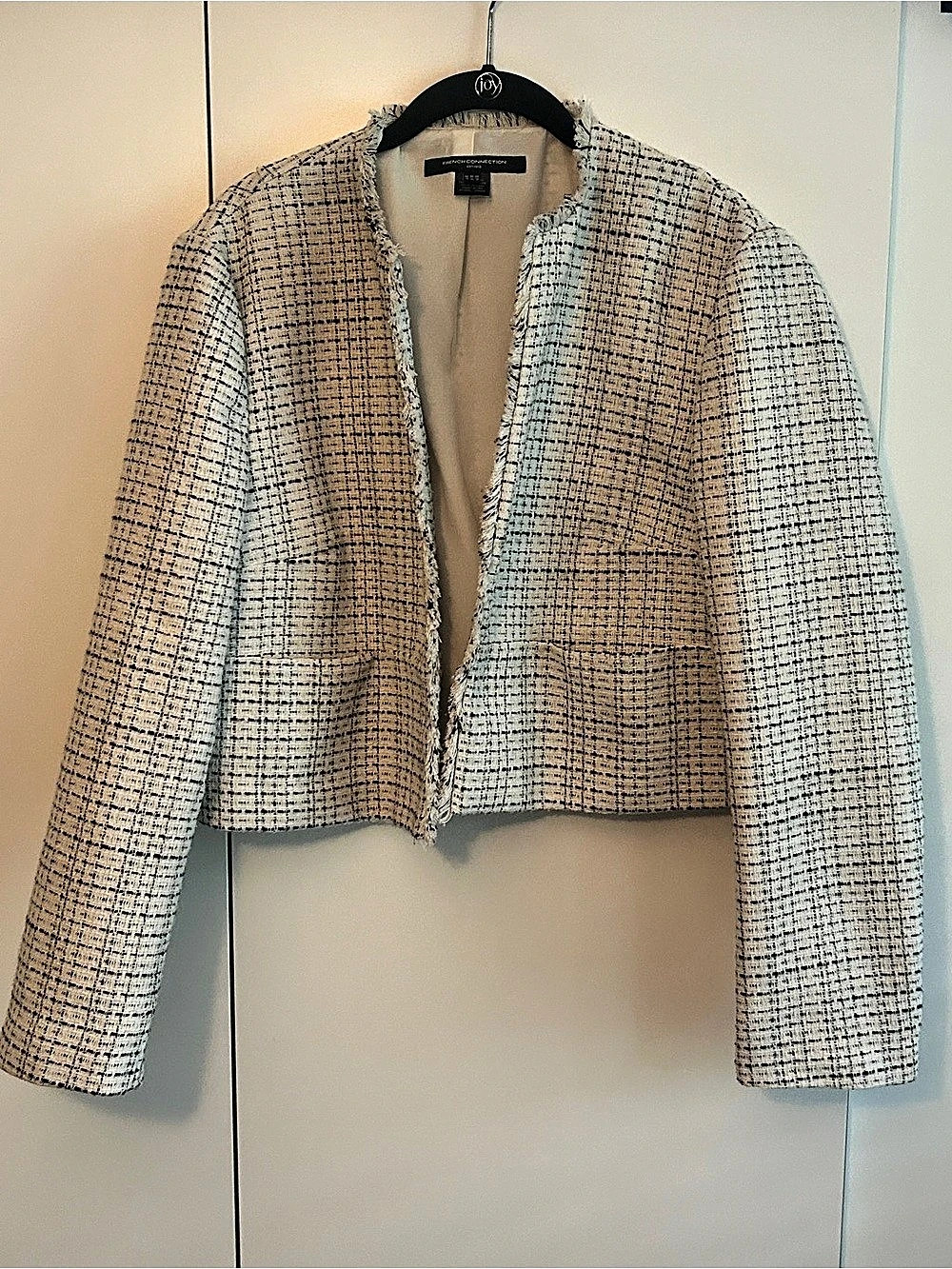 French Connection White Black Tweed Cropped Jacket